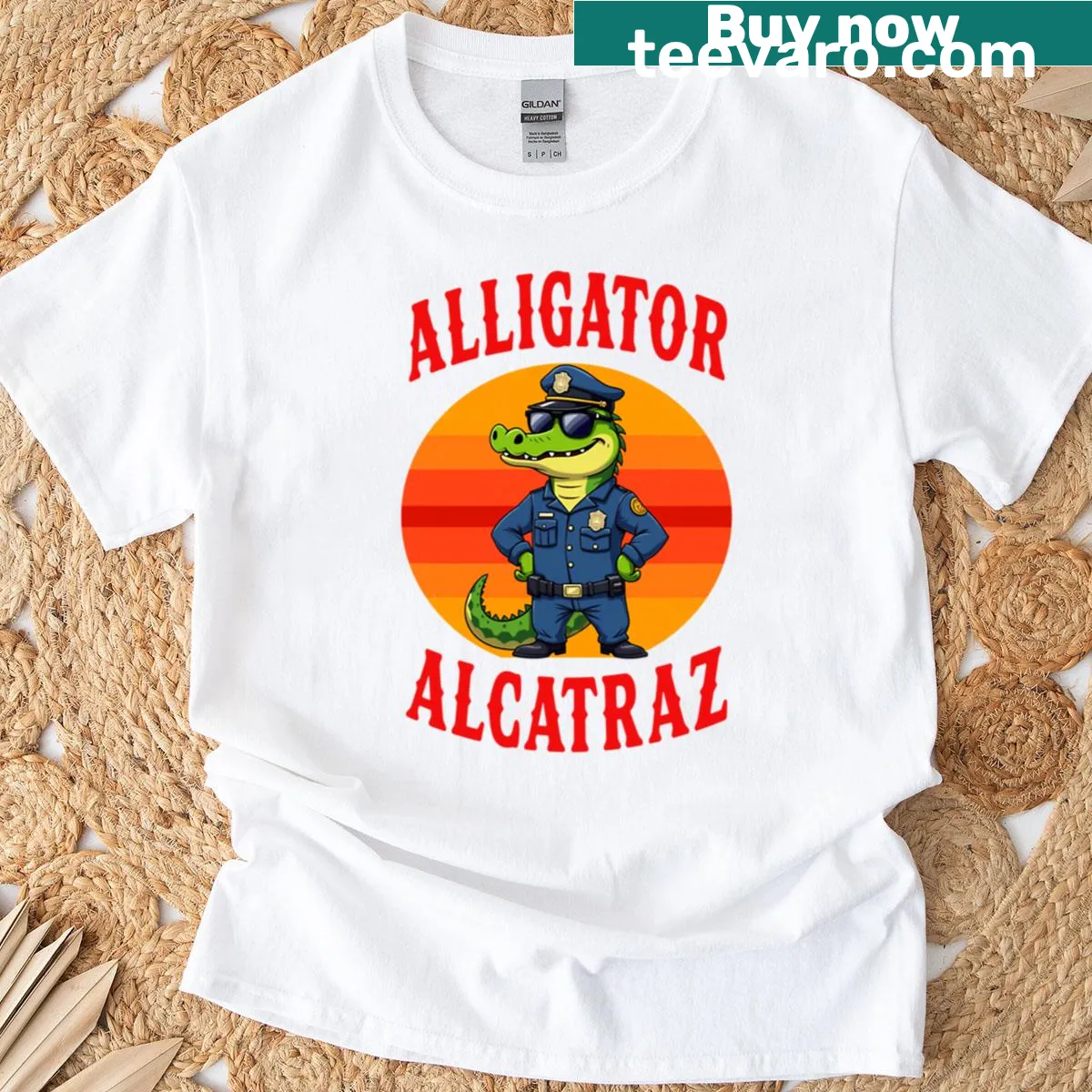 Humorous illustration of an alligator in a prison on a t-shirt — on a men's t-shirt