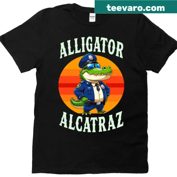 Playful alligator in prison themed illustration on a T-shirt