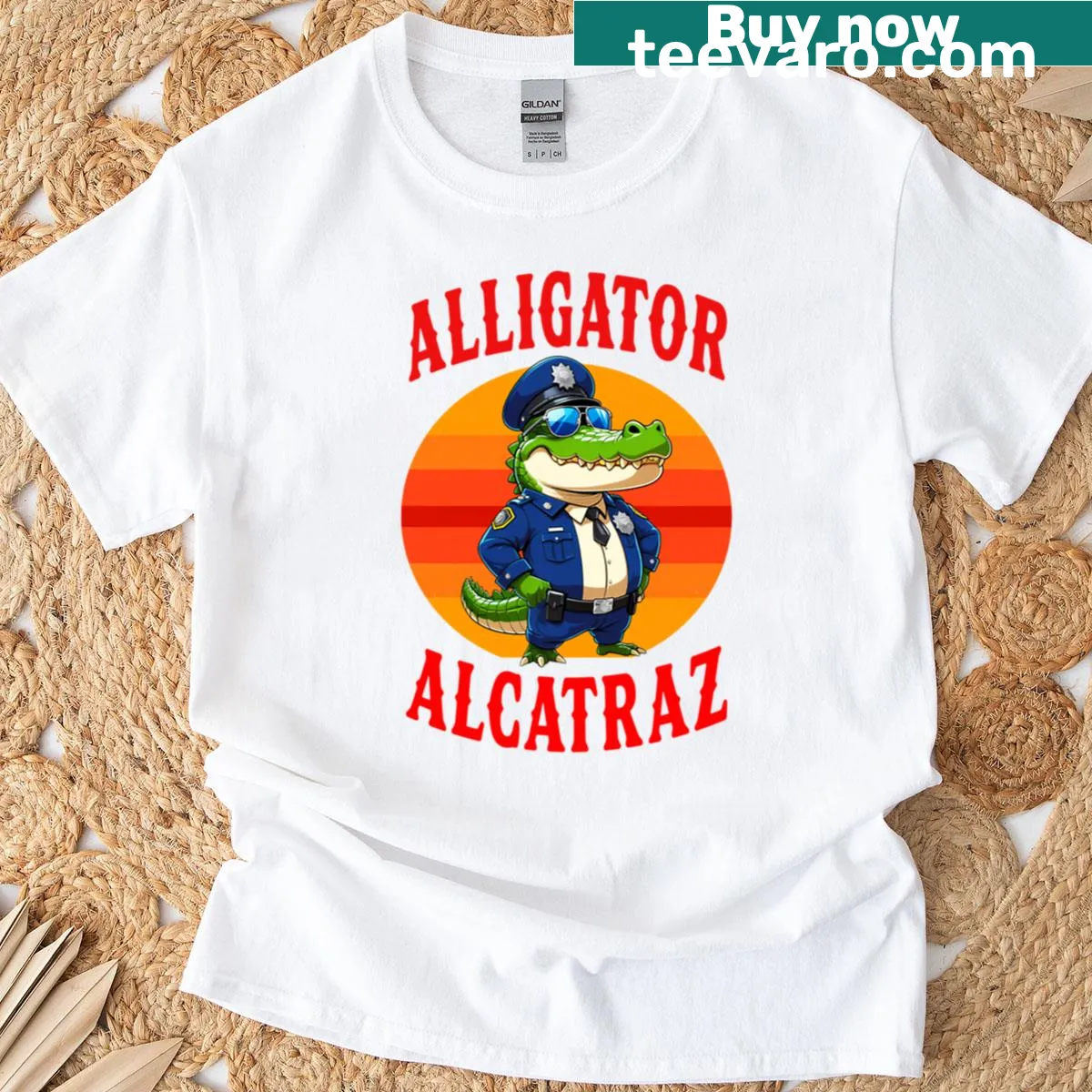 Grunge-style alligator graphic on Alcatraz-themed t-shirt — on a men's t-shirt