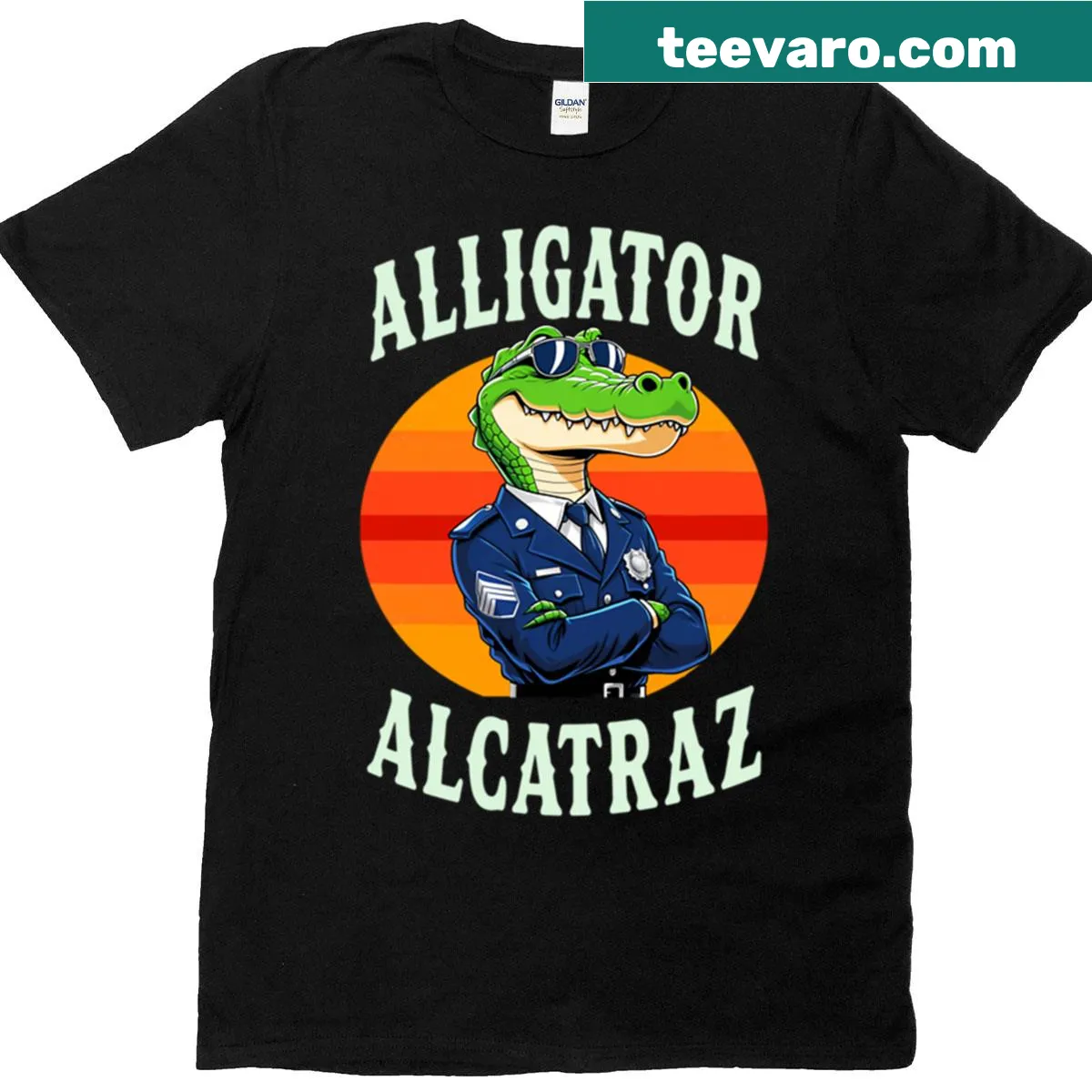 Illustrated T-shirt with an alligator referencing Alcatraz Prison — on a men's t-shirt