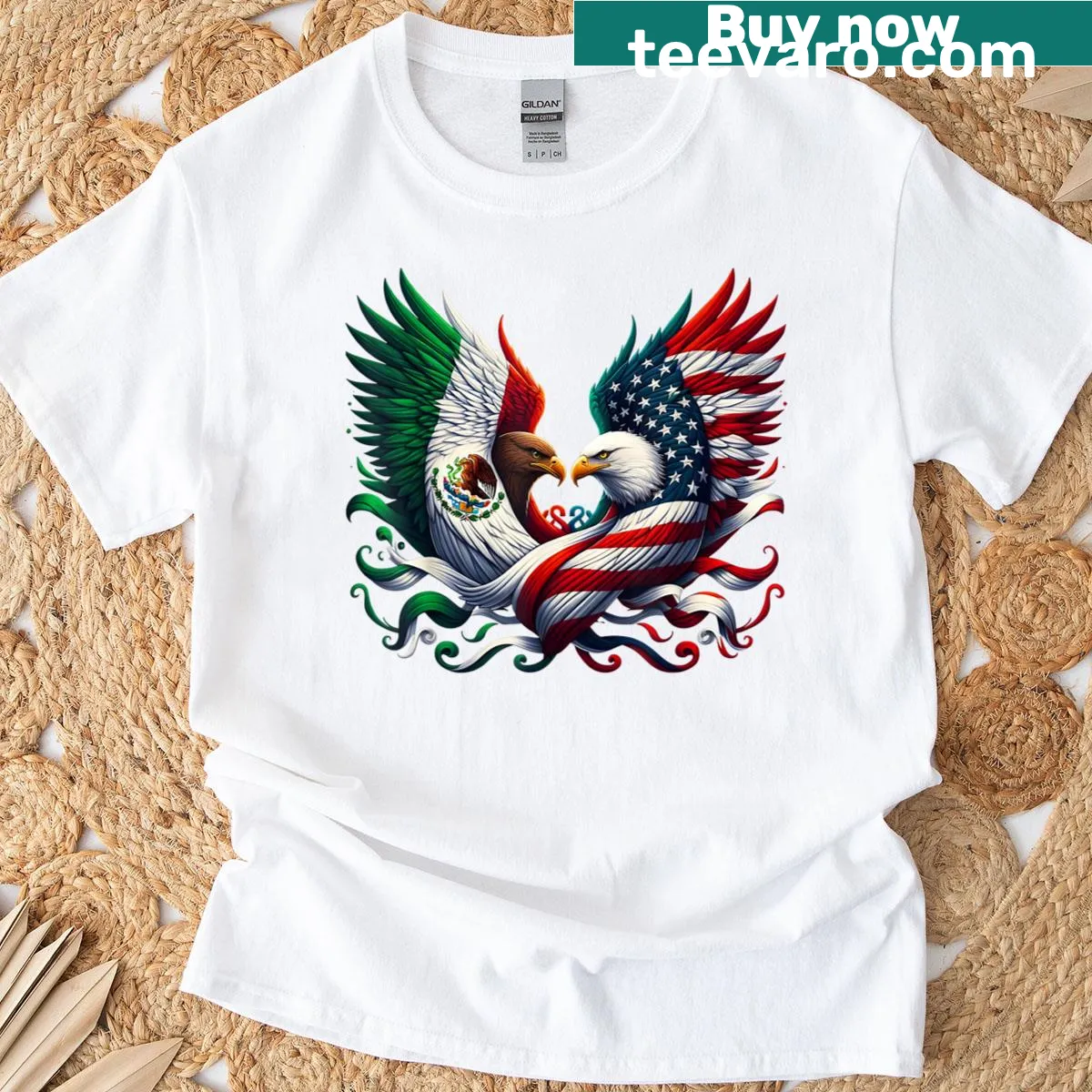 T-shirt with vintage graphics of the American and Mexican flags. — on a men's t-shirt