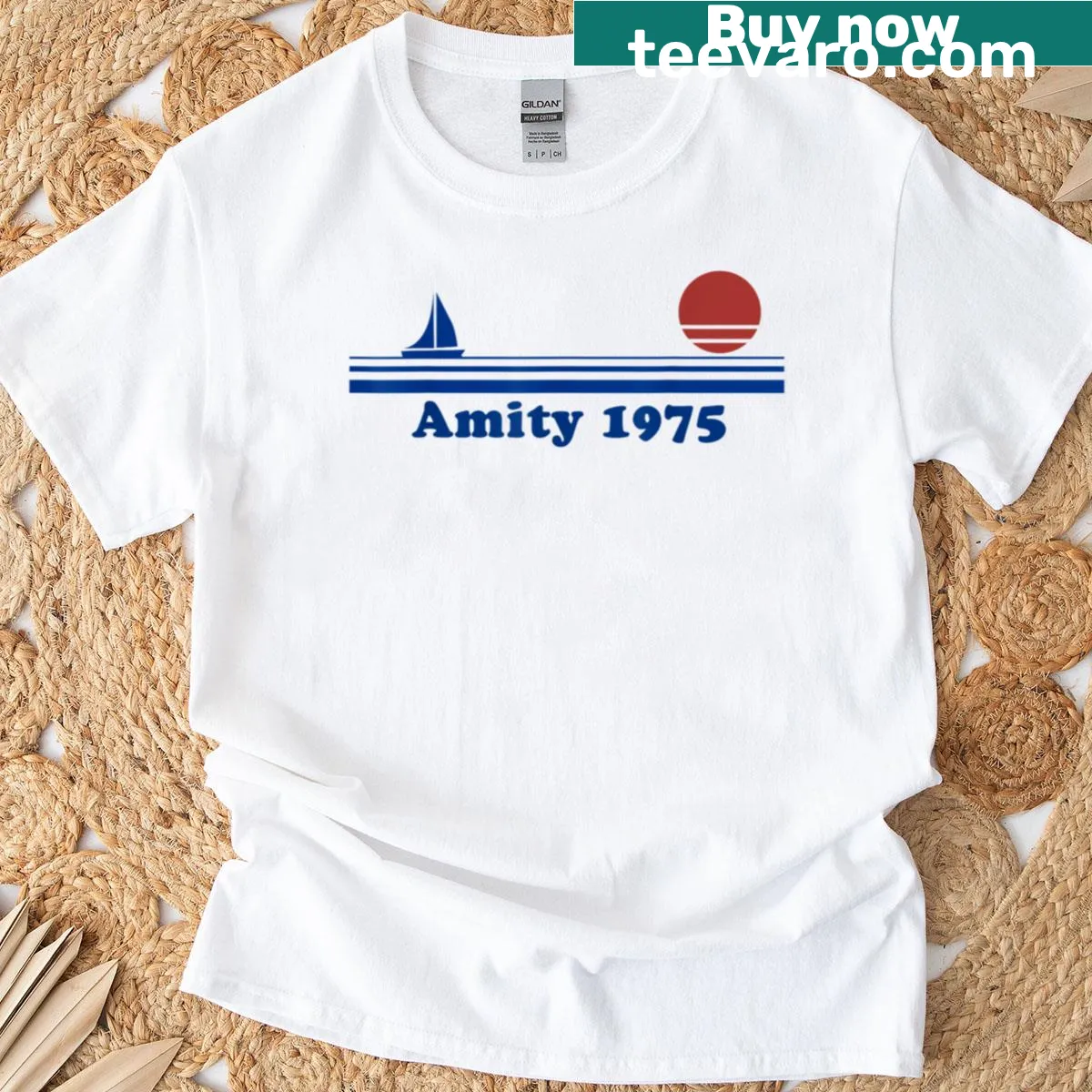 Illustrated sailboat at sunset on oversized t-shirt — on a men's t-shirt