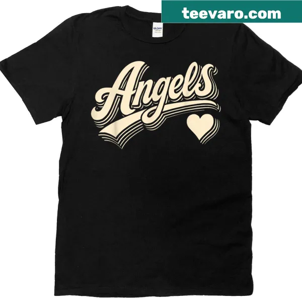 Vintage T-shirt with retro script 'Angels' and heart design