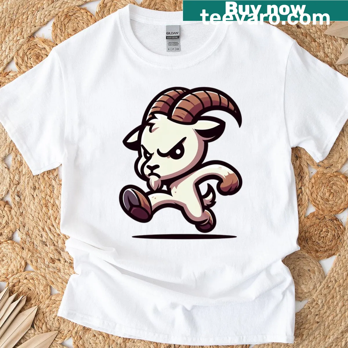 Funny cartoon goat stomping graphic t-shirt — on a men's t-shirt