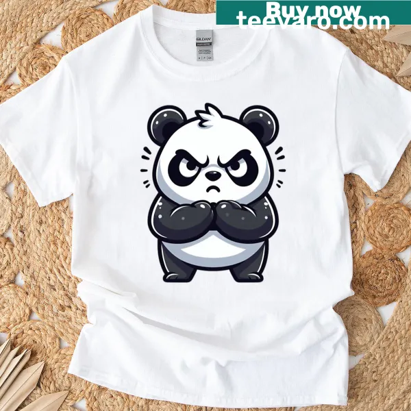 Cute t-shirt featuring an angry cartoon panda with clenched paws