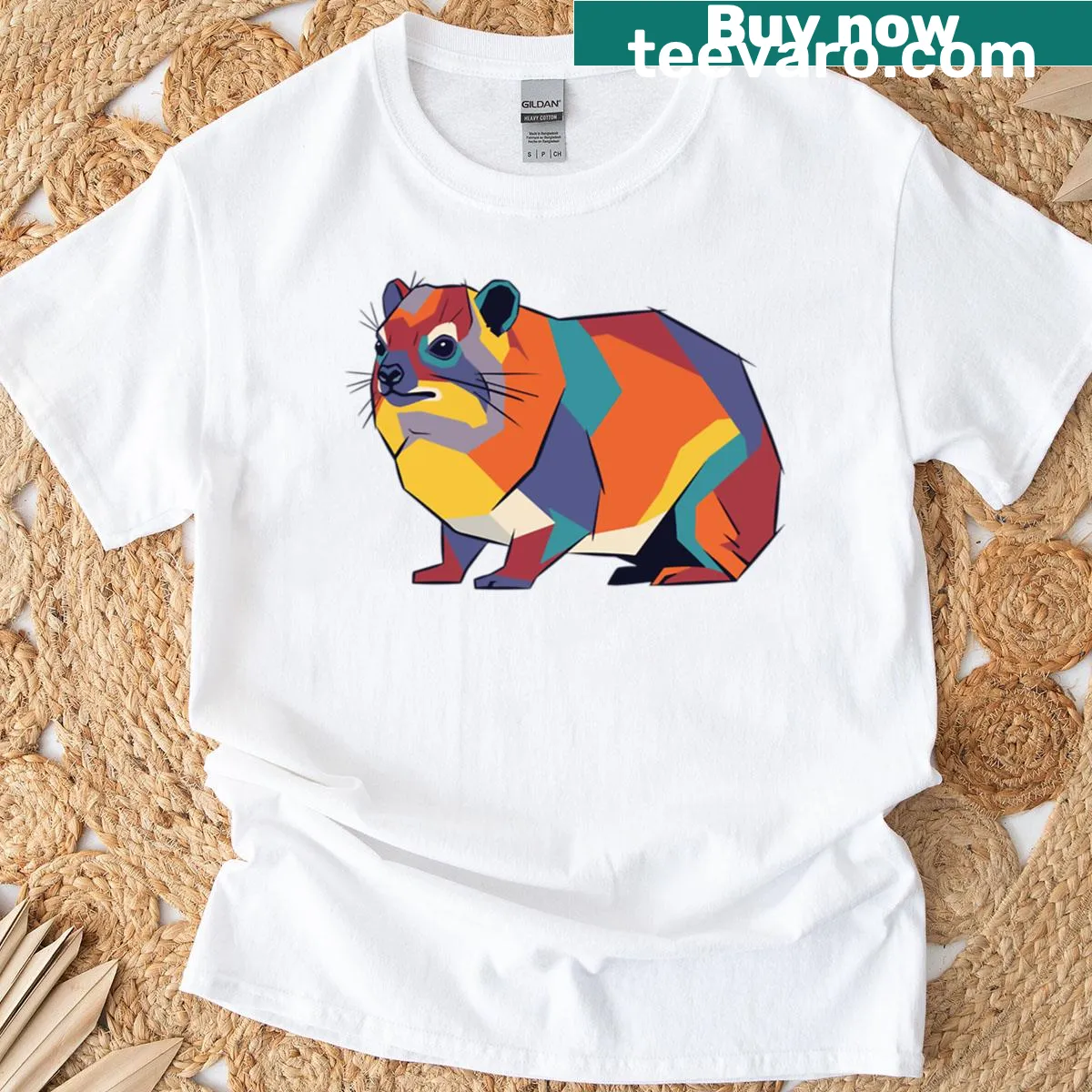 T-shirt featuring a mosaic illustration of a hyrax. — on a men's t-shirt