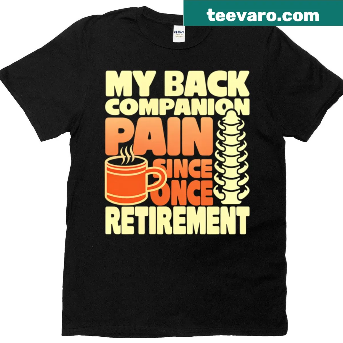 Oversized t-shirt with humorous back pain text — on a men's t-shirt