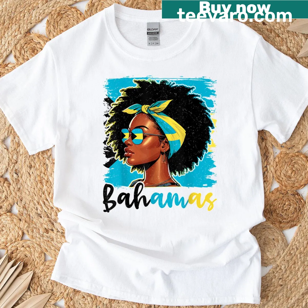 Proud t-shirt featuring the Bahamas flag for Bahamian women — on a men's t-shirt