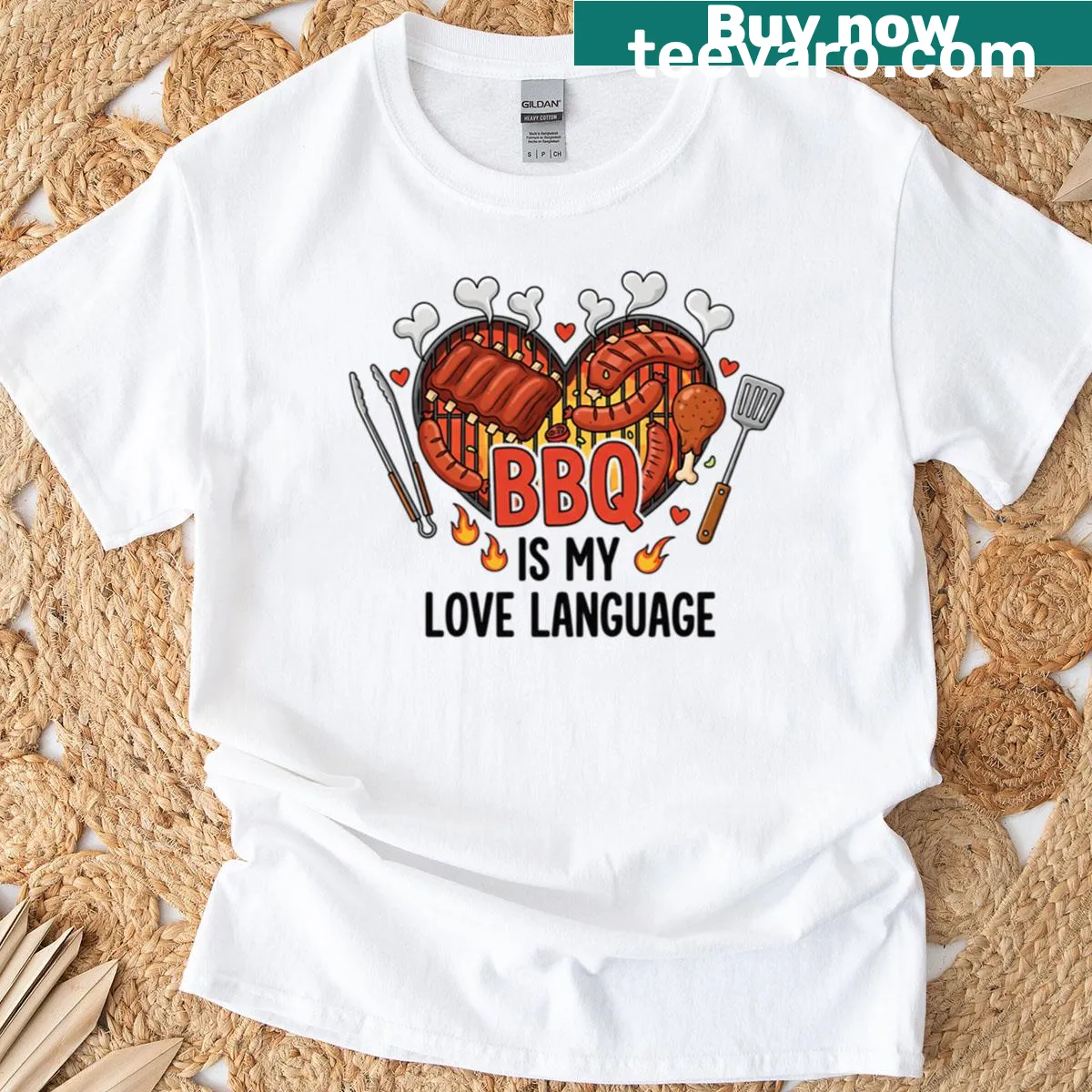 Playful t-shirt stating 'BBQ Is My Love Language' — on a men's t-shirt