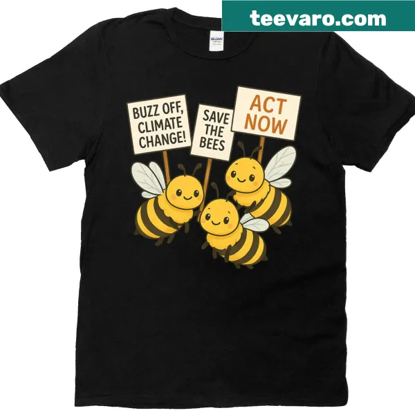 Bee The Change shirt with a graphic promoting environmental awareness.