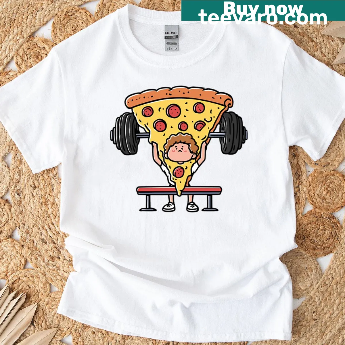 Cartoon design of a pizza slice lifting weights on a gym t-shirt — on a men's t-shirt