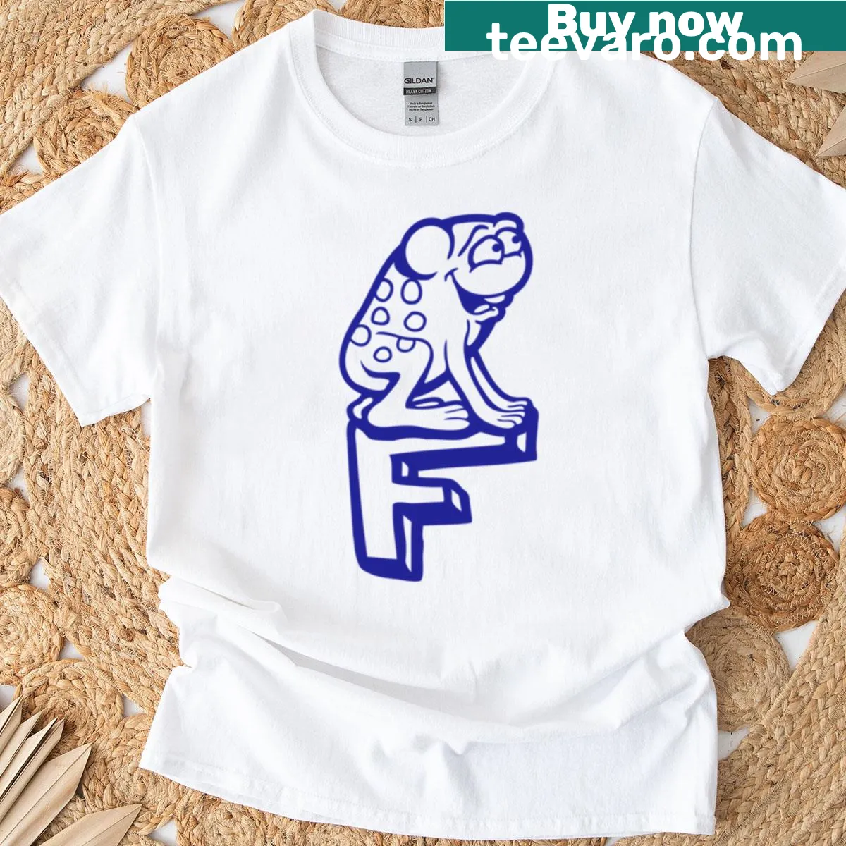 Illustration of a happy frog with big letter 'F'. — on a men's t-shirt