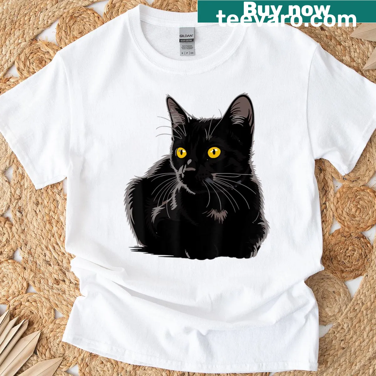 Vintage-style t-shirt featuring a black cat with yellow eyes — on a men's t-shirt