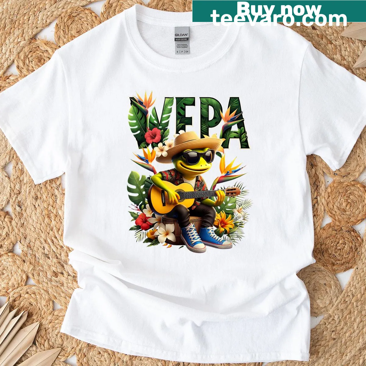 Cultural t-shirt featuring coquí and guitarist with 'Wepa' text — on a men's t-shirt