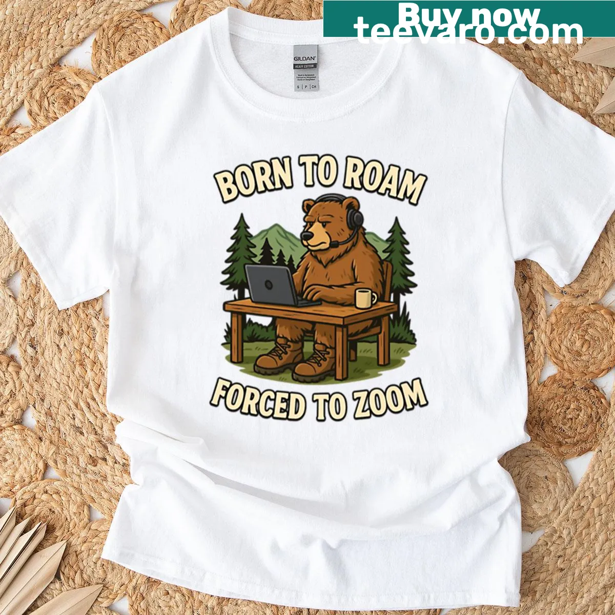 Whimsical t-shirt featuring a bear design and remote work theme. — on a men's t-shirt