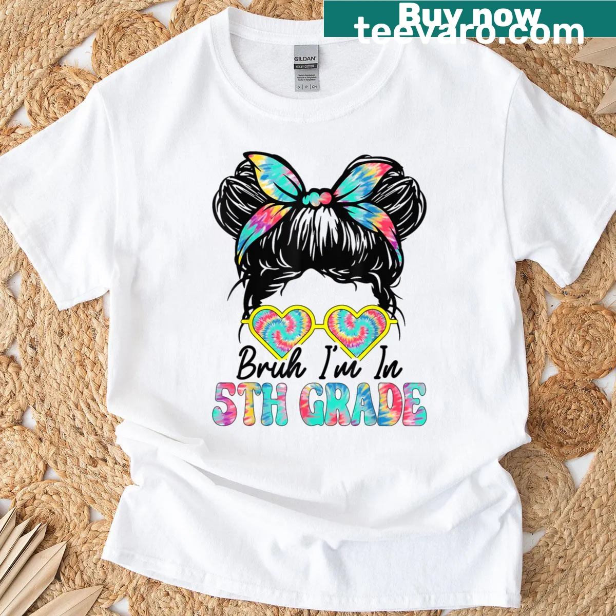 Funny t-shirt for girls with the phrase 'Bruh Im In 5th Grade' and a messy bun graphic — on a men's t-shirt