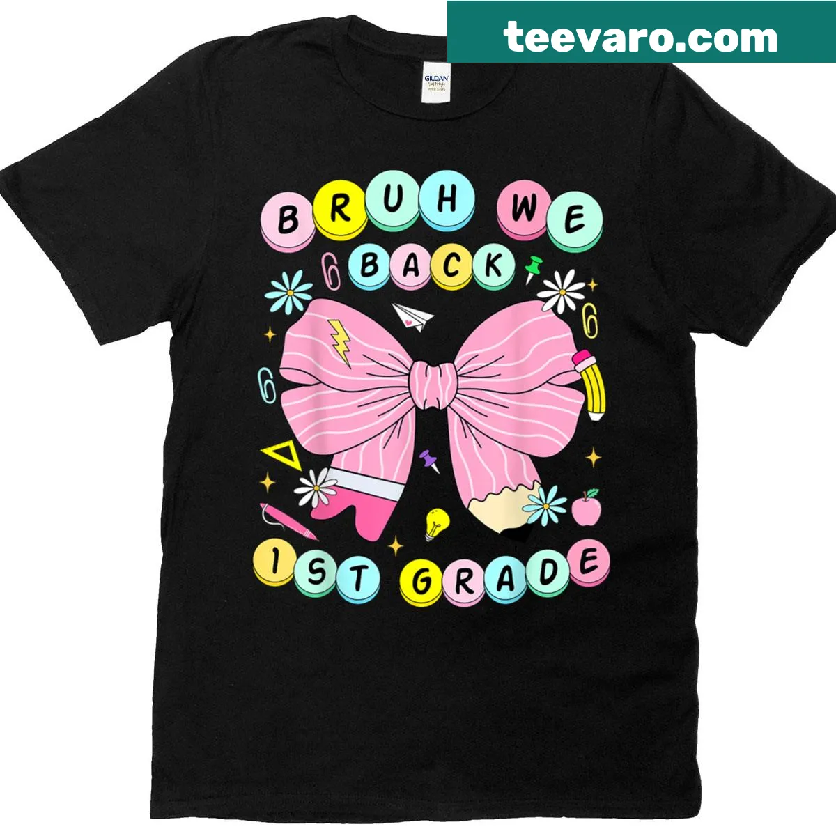 1st Grade back to school t-shirt with playful graphics. — on a men's t-shirt