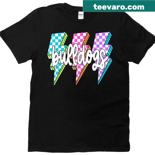 Cartoon bulldog mascot T-shirt with checkered design for school spirit