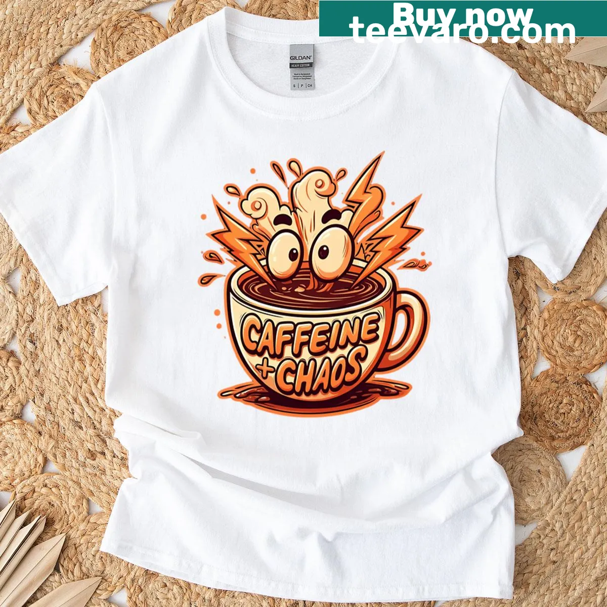 Cartoon cup design exploding with energy on oversized coffee-themed t-shirt. — on a men's t-shirt