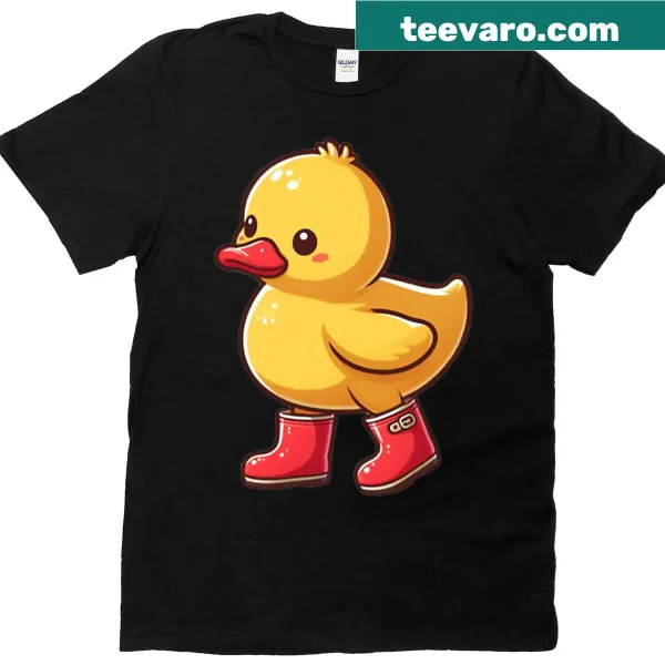 Illustrated duckling in red rain boots on T-shirt