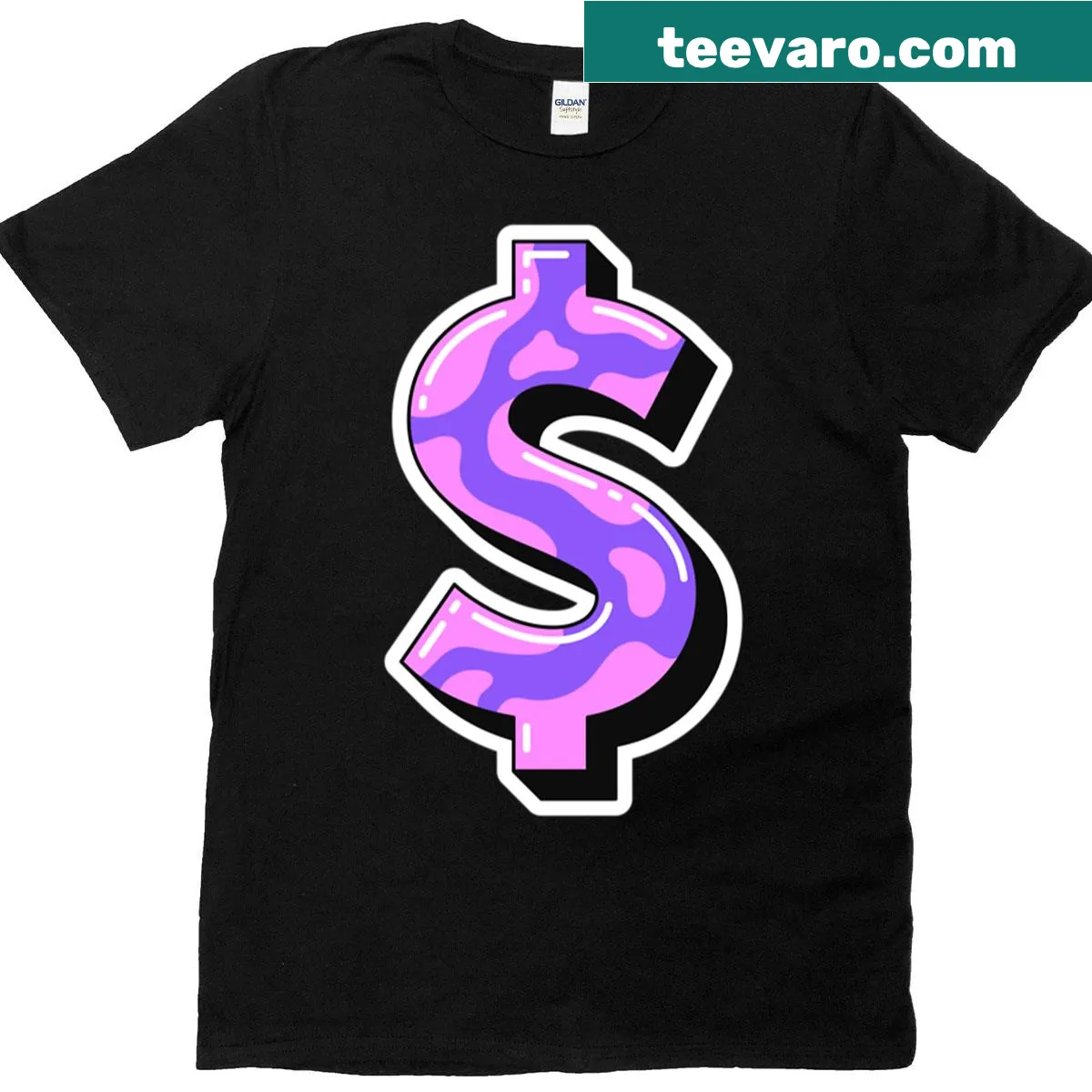 Pop art t-shirt with cartoon dollar sign and liquid pattern design — on a men's t-shirt