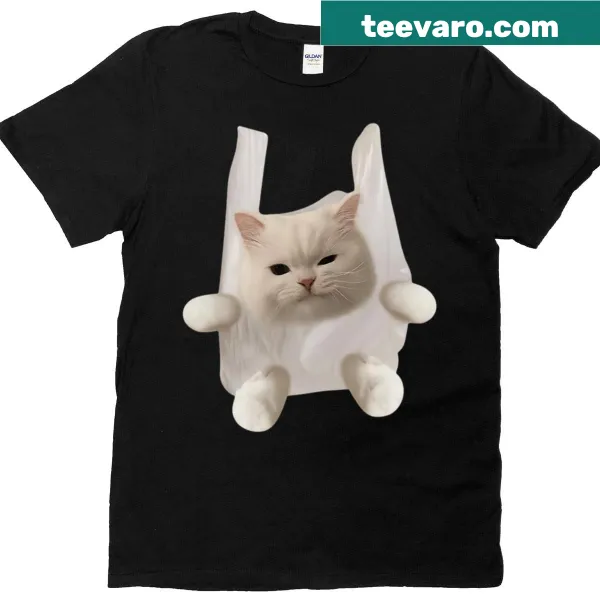 T-shirt with cute illustration of a cat peeking from a plastic bag