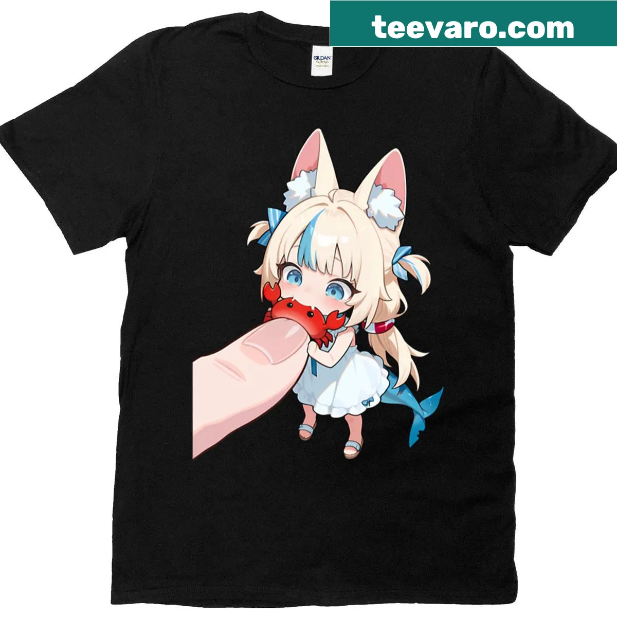 T-shirt featuring a cute chibi character Sameko Saba in a bite attack pose. — on a men's t-shirt