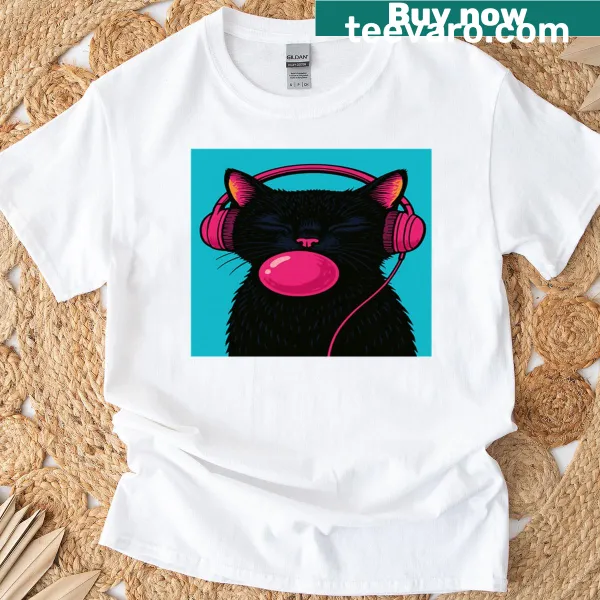 Charming black cat with earphones illustration on a t-shirt for music lovers.