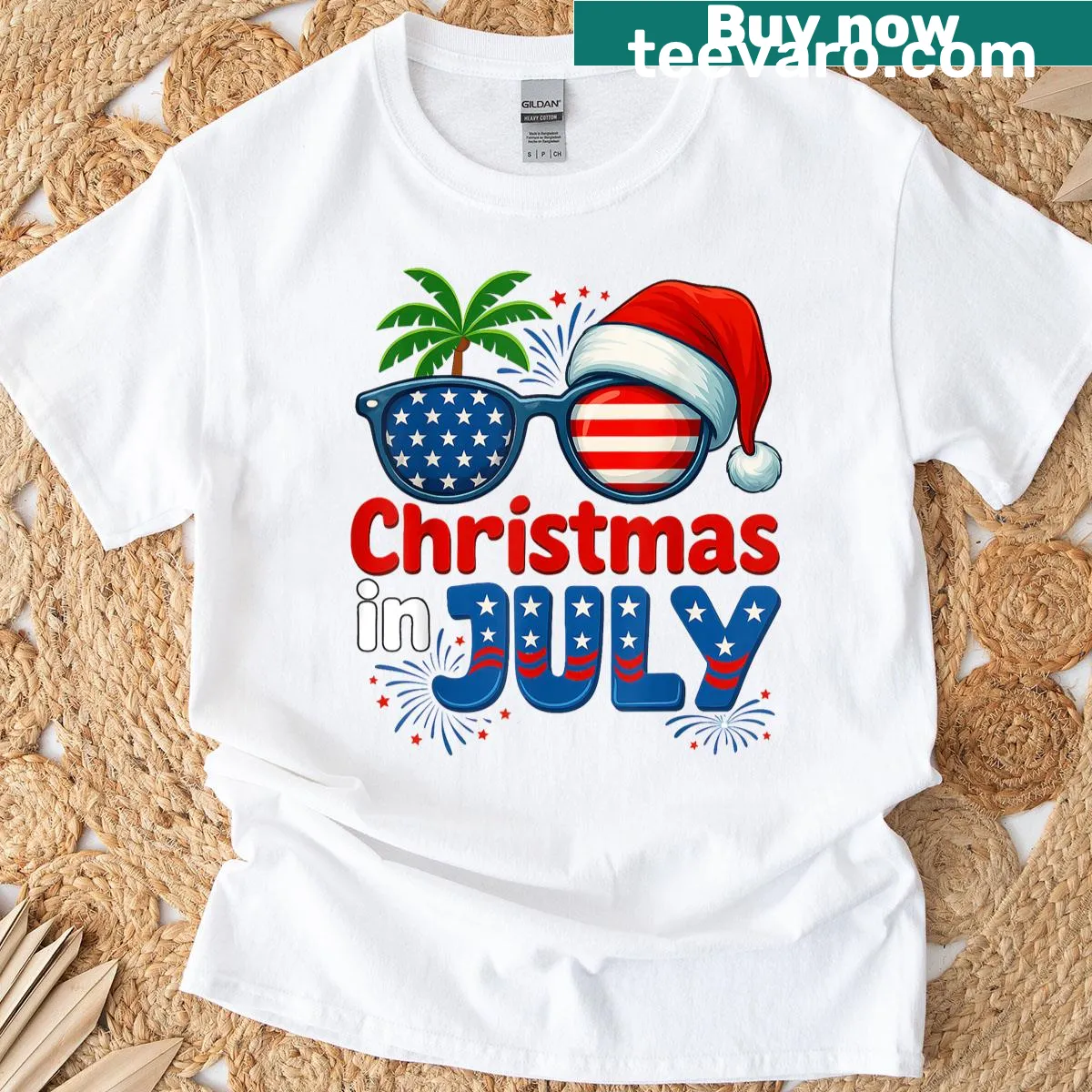 Men's T-shirt with Santa in Hawaiian shirt and USA flag — on a men's t-shirt