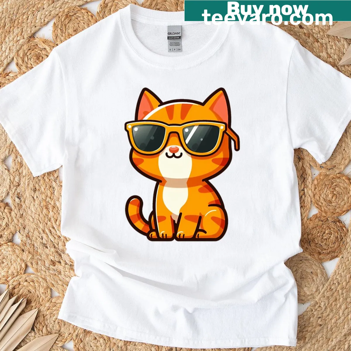 Cartoon cat with yellow sunglasses graphic on T-shirt — on a men's t-shirt
