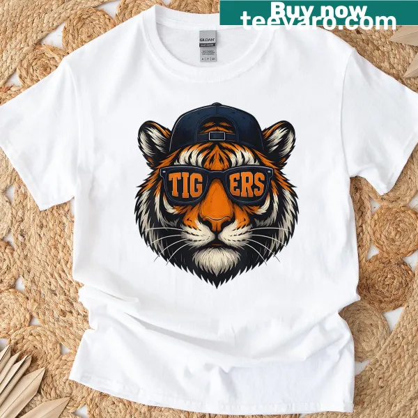 Bold tiger graphic wearing sunglasses on T-shirt