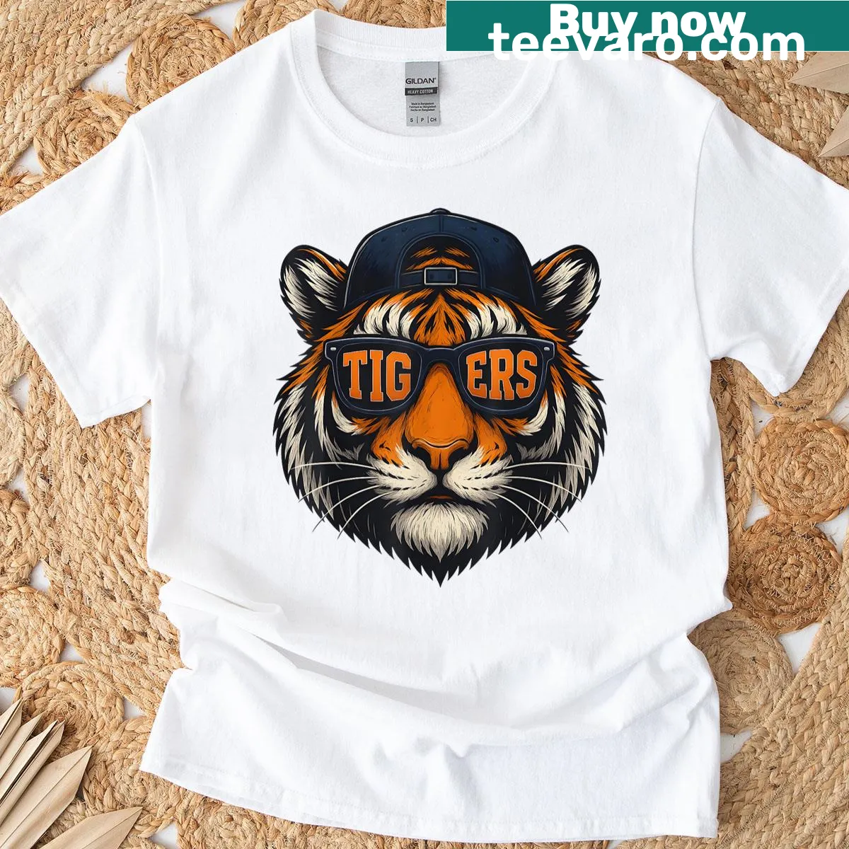 Bold tiger graphic wearing sunglasses on T-shirt — on a men's t-shirt