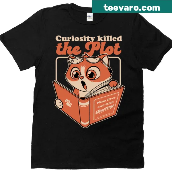 Illustrated cat over books on a cute bookworm t-shirt