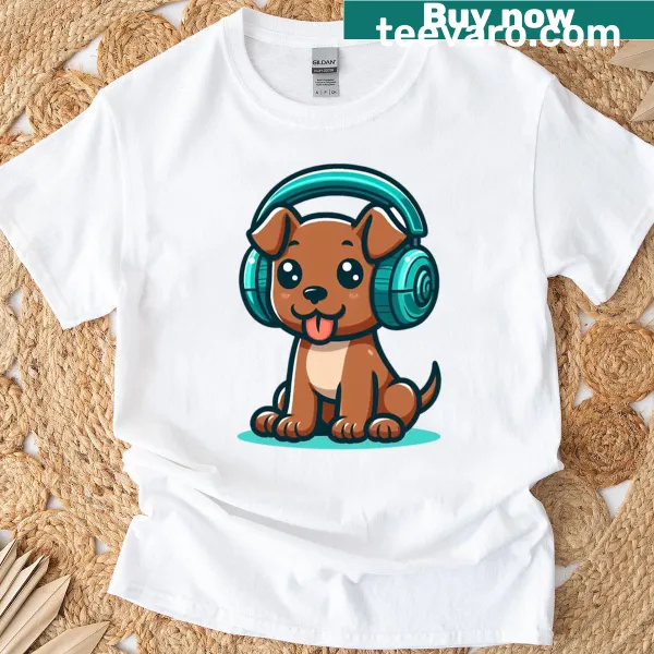 Cartoon dog with headphones design on T-shirt