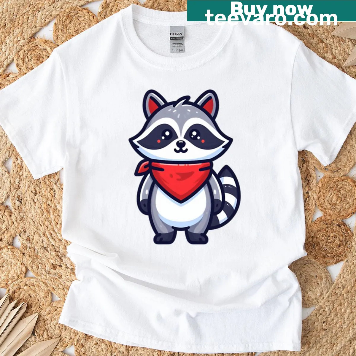 Cartoon raccoon wearing a red bandana on a fun t-shirt — on a men's t-shirt