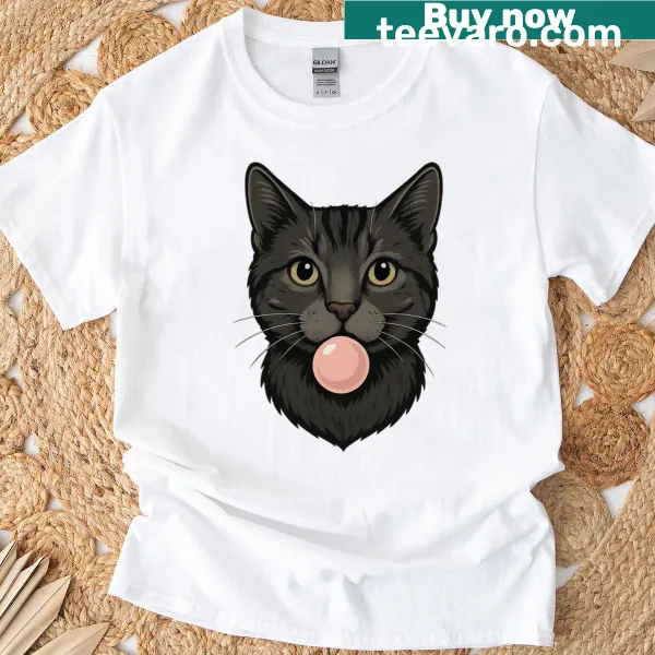 T-shirt with a cute cat face design eating a gun and making bubbles