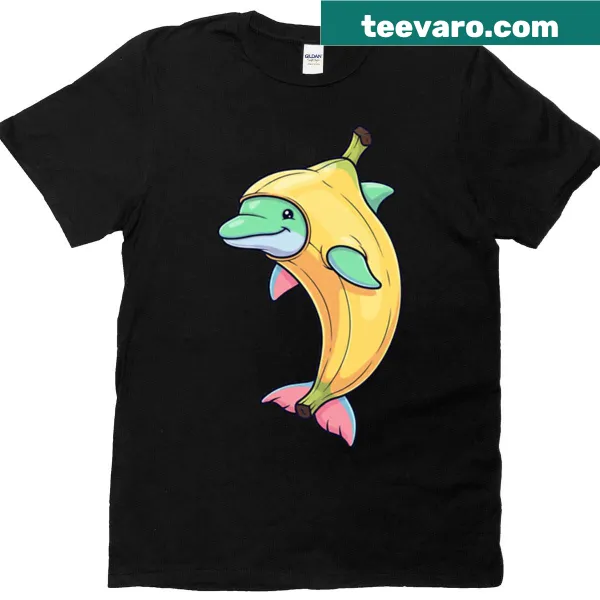 Illustration of a dolphin in a banana suit on a T-shirt
