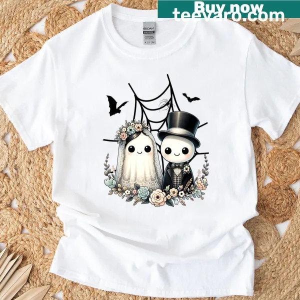 Cute ghost bride and groom design with flowers and spider web