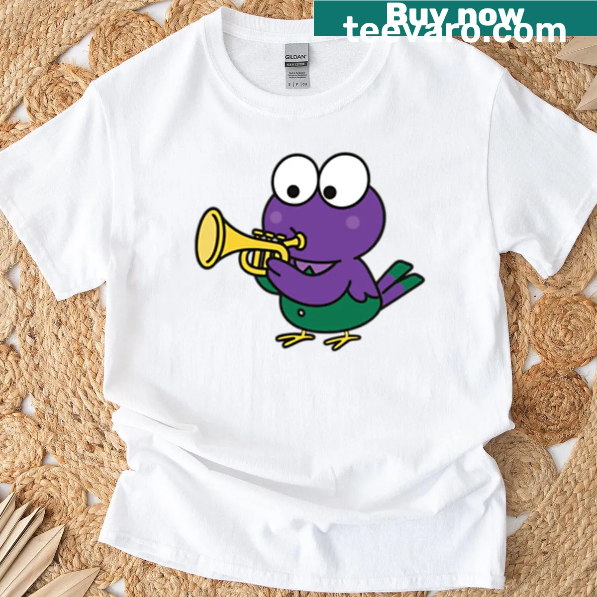 Oversized t-shirt with a purple bird playing trumpet cartoon design — on a men's t-shirt