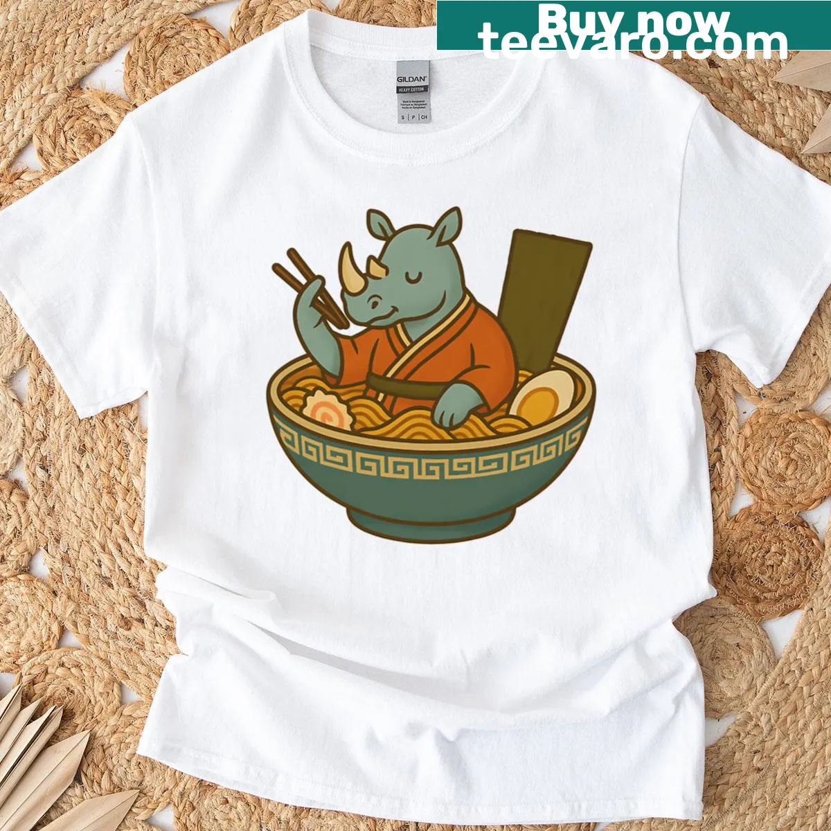 Kawaii t-shirt featuring a cute rhino eating ramen noodles — on a men's t-shirt
