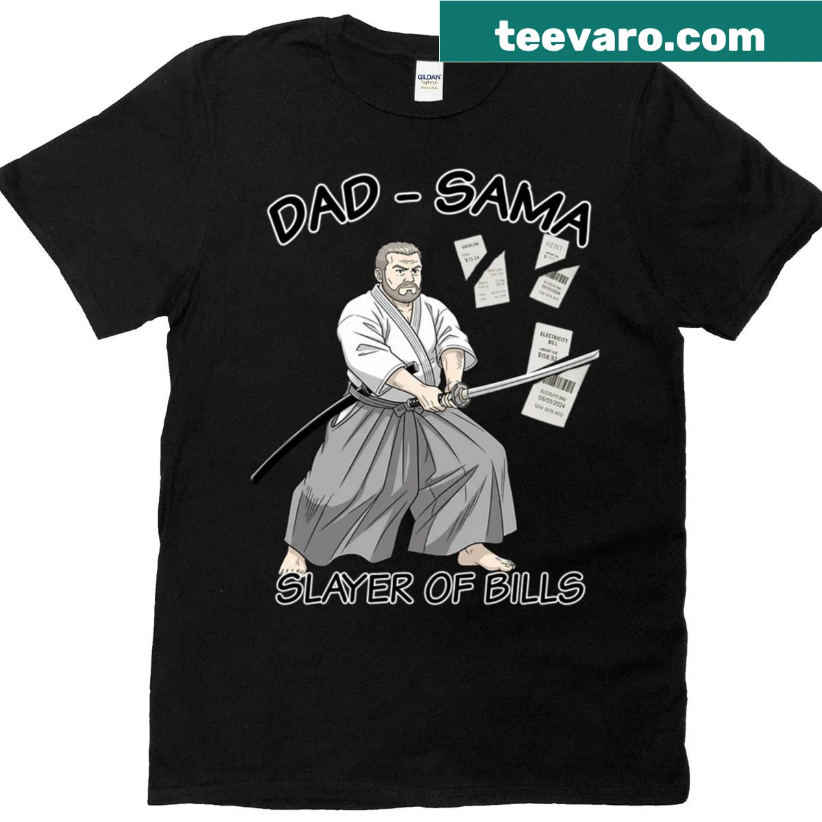 Humorous 'Dad-sama Slayer Of Bills' graphic T-shirt — on a men's t-shirt