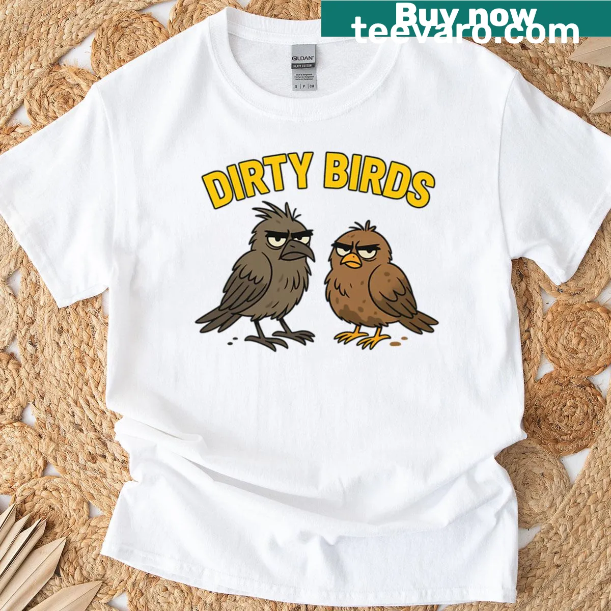 Funny grumpy cartoon birds t-shirt design — on a men's t-shirt
