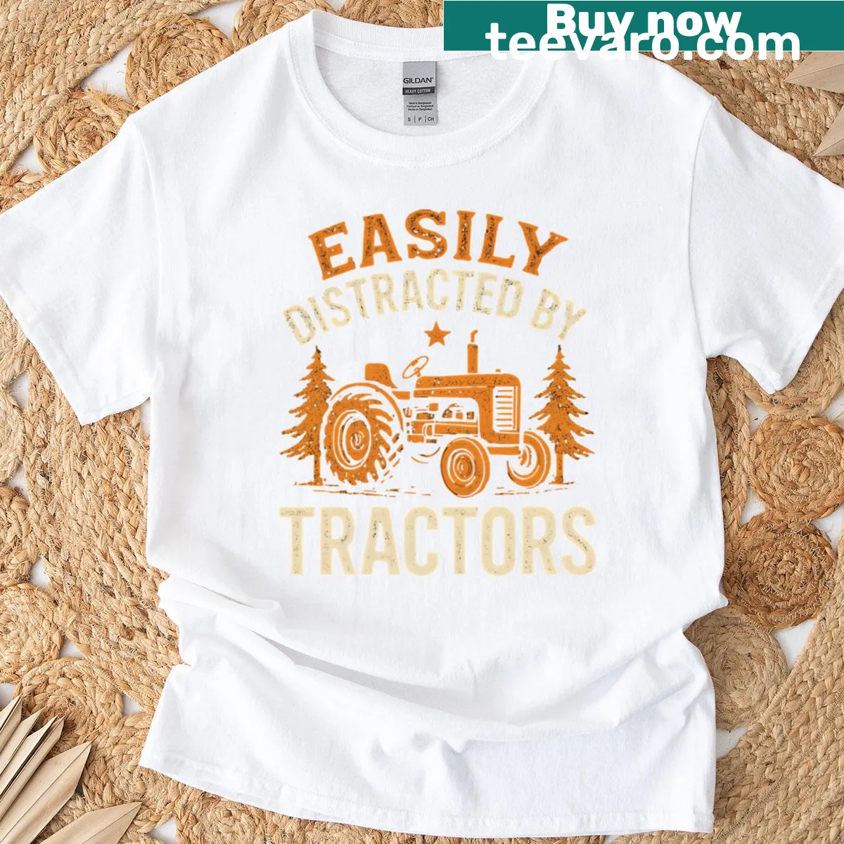 Funny T-shirt with the phrase 'Easily Distracted By Tractors' — on a men's t-shirt