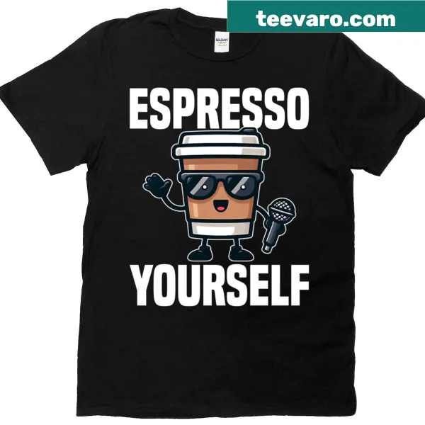 Playful Espresso Yourself T-shirt with clever coffee phrase