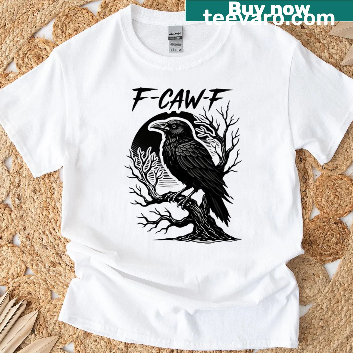 Gothic raven shirt with the phrase 'F-caw-f' designed for dark fashion lovers — on a men's t-shirt