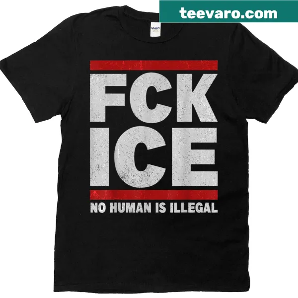 Retro-style T-shirt with 'F-ck Ice No Human Is Illegal' text