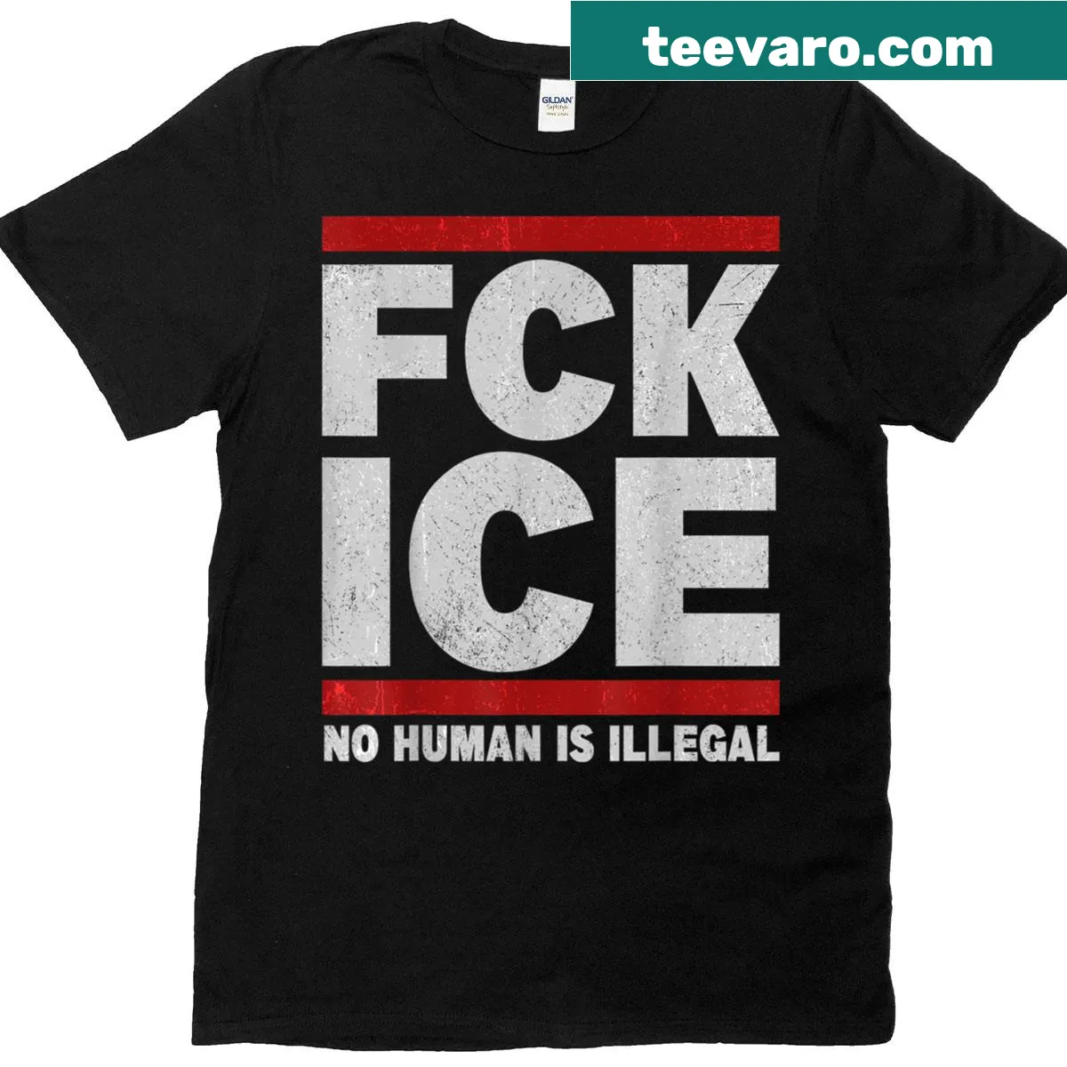 Retro-style T-shirt with 'F-ck Ice No Human Is Illegal' text — on a men's t-shirt