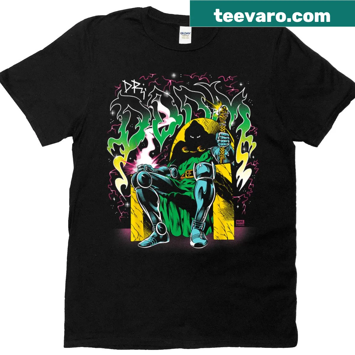 Dr. Doom graphic t-shirt from Fantastic Four series — on a men's t-shirt