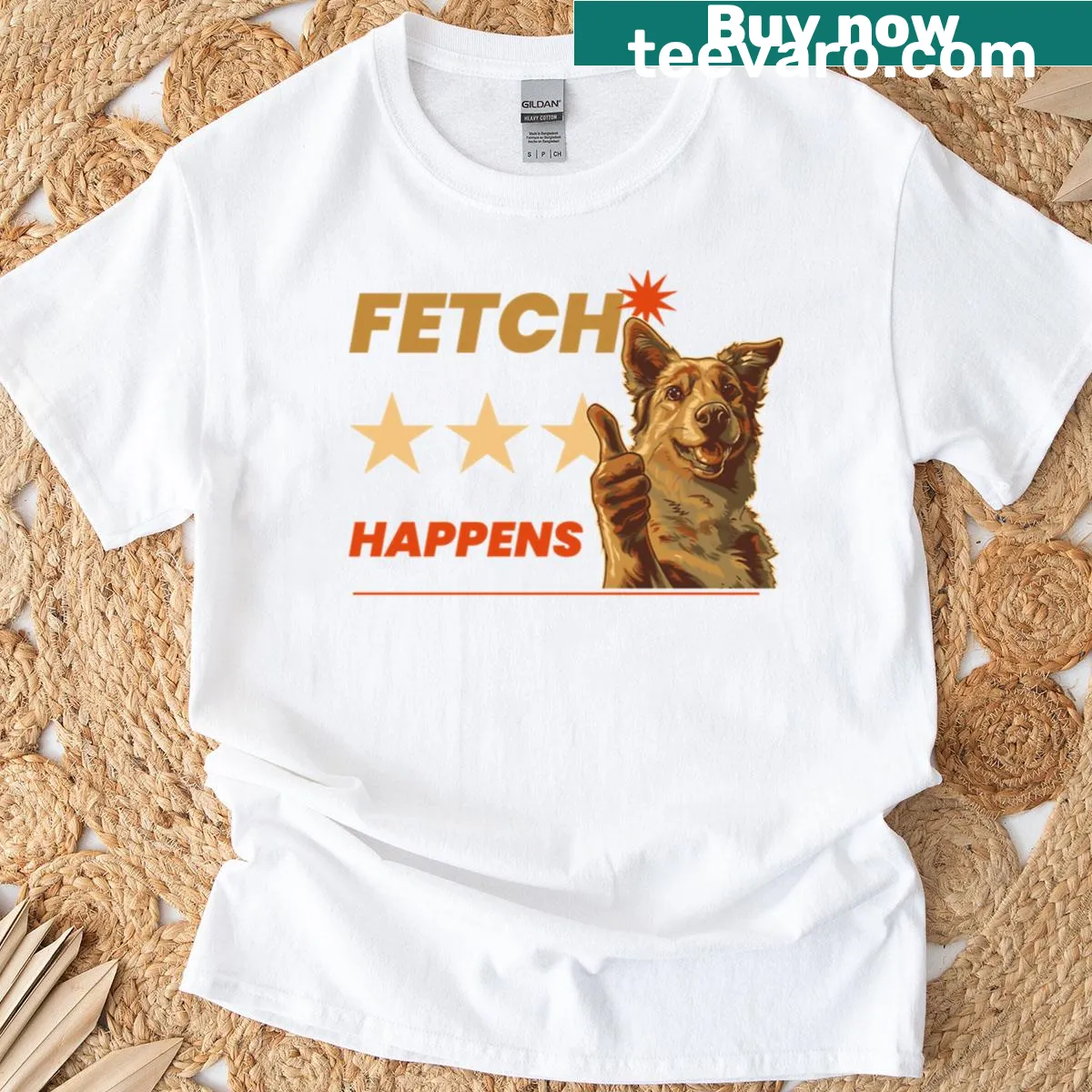 Funny T-shirt with cartoon dogs and 'Fetch Happens' text — on a men's t-shirt
