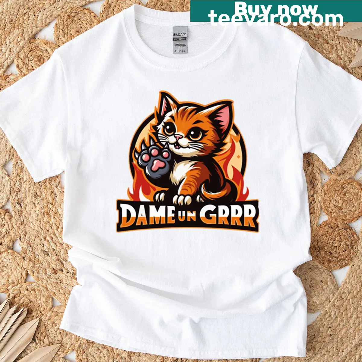 Cartoon cat graphic T-shirt with playful text — on a men's t-shirt